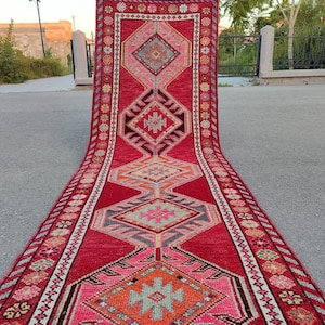 Red Runner Rug 3x13, Turkish Runner, Hallway Rug, Persian Runner Rug, Boho Rug, 3 ft wide Runner, Oriental Rug, Afghan Runner, Antique Rug