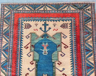 Alfombra turca de lana de 5x7 pies, Oushak antiguo rojo y azul, pelo corto.