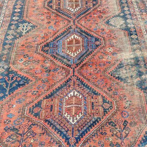 Shiraz Rug 7x10, Persian Antique Rug, 6x10 Oriental Rug, Large Rug, Navy Rug, Heriz Rug, Persian Art Deco Textile, Ethnic Rug