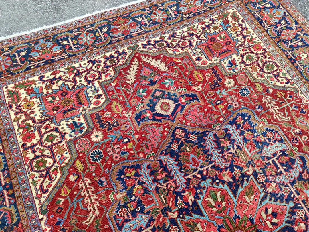 Vintage Oriental Rug 9x12, Red Antique Ethnic Rug, 9x12ft Oversize Navy ...