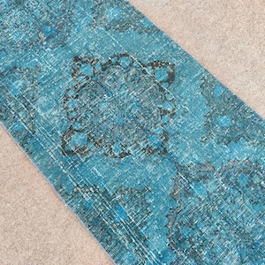 Blue Runner Rug 2.5x12.5, Turkish Runner, Hallway Rug 2x12, Oushak Runner, Oriental Rug, Boho Home Decor, Persian Runner 2x12, Handmade Rugs