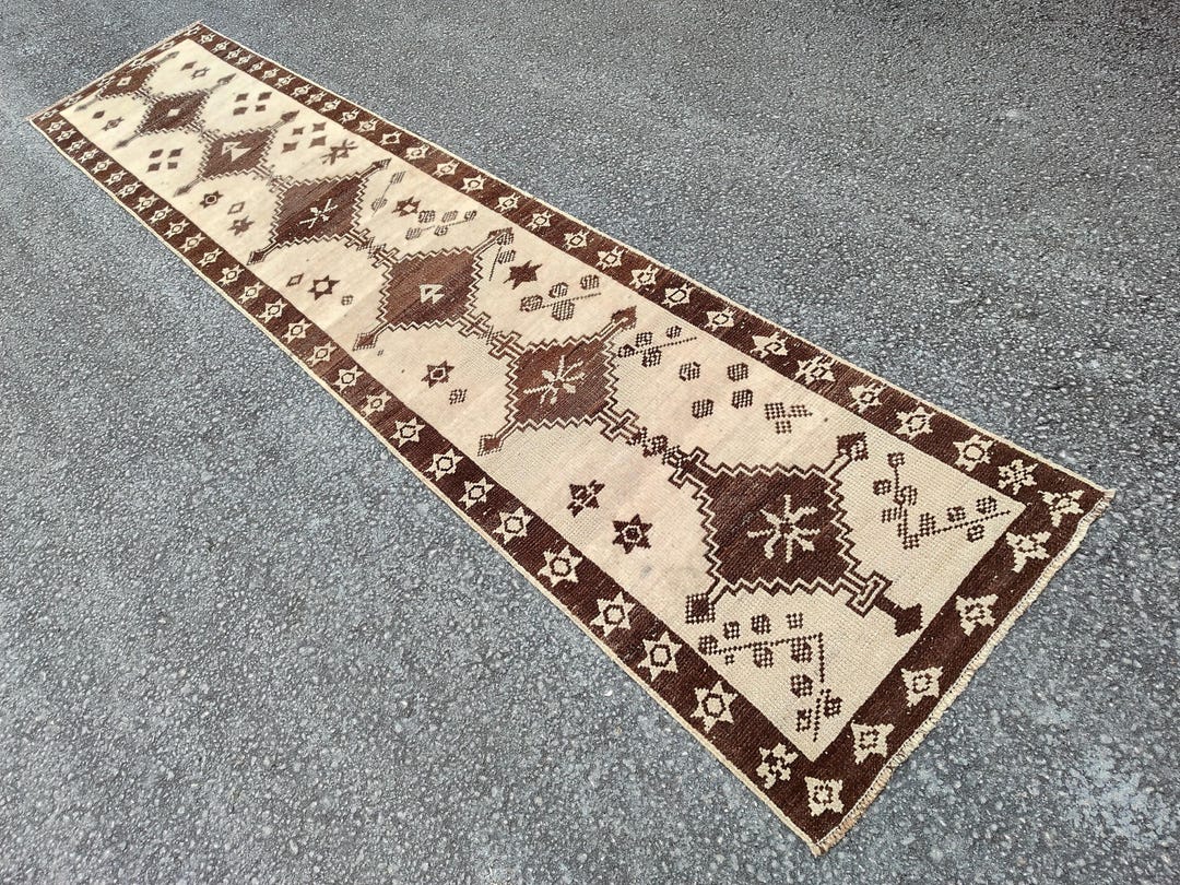 Herki Runner Rug 3x15, White and Brown Long Runner, Moroccan Runner ...