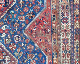 Antique Wool Shiraz Rug, 7x10, Persian Navy Rug, 1800s