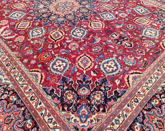 Vintage Heriz Wool Rug (9'9"x13'ft) Red Oriental Large Rug