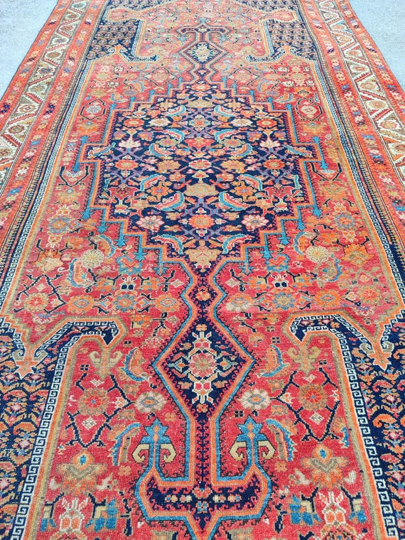 Antiker Teppich 200x400, Handgewebter Vintage Teppich in Orange & Marine, Handgewebter Wollteppich