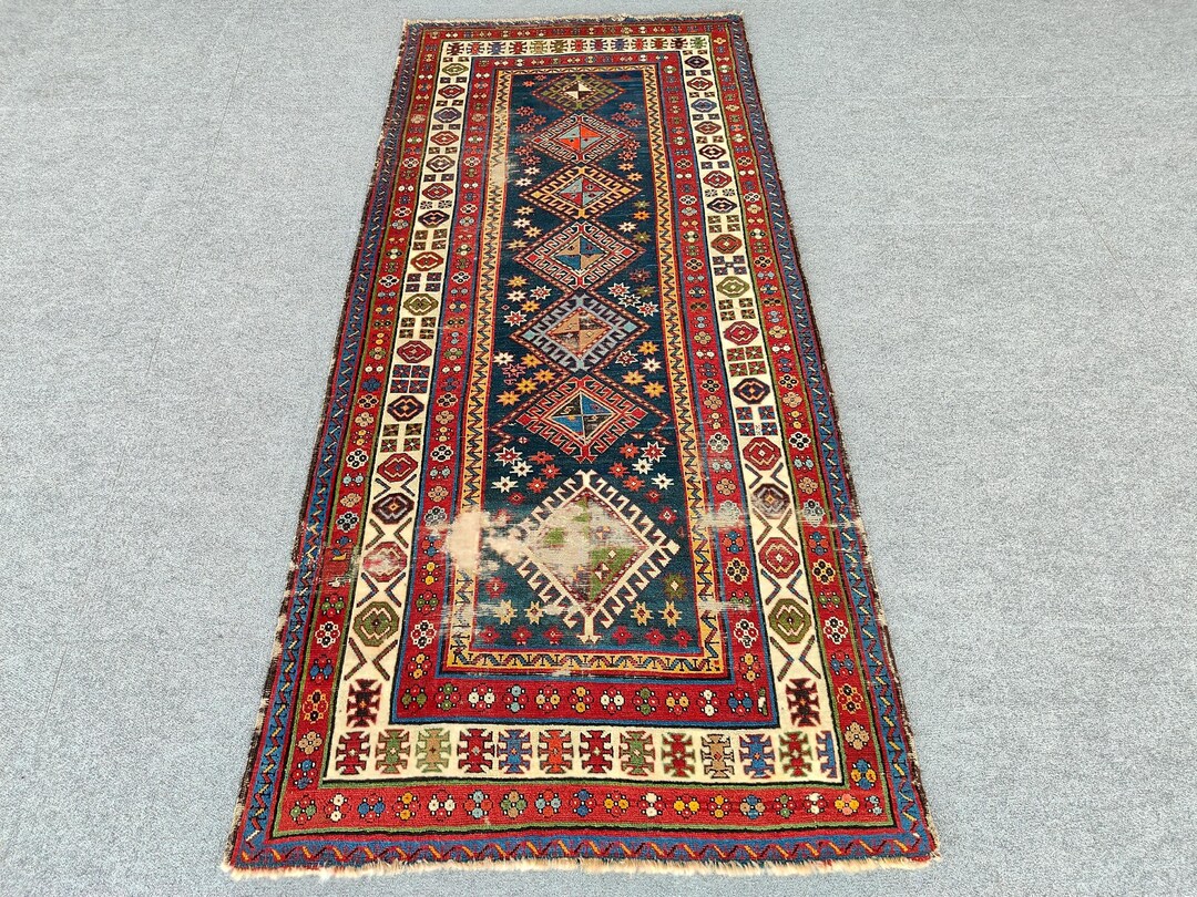 Antique Caucasian Runner Rug: 4x9 Old Oriental Carpet, Hand Knotted ...