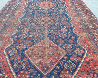 Antique 7x10 Persian Shiraz Rug, Wool Oriental, Blue and Coral color