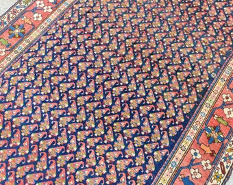 Antiek Perzisch sjahsavan-tapijt 5 x 10, groot oosters tapijt, rood en marineblauw tapijt, handgeknoopt wollen tribaltapijt