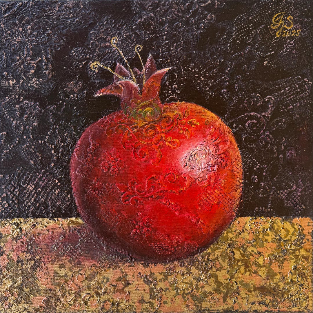 オリジナル油絵「ザクロ」テクスチャードヴィンテージスタイル、金