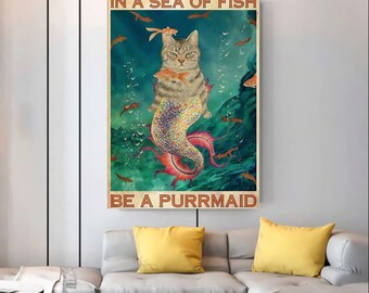 Vintage Metal Sign Cat Mermaid Retro Tin Sign Decorative Wall Decor Prints in a sea of Fish be a purrmaid Vintage Metal Sign Cat Mermaid Retro Tin Sign Decorative Wall Decor Prints in a sea of Fish be a purrmaid
