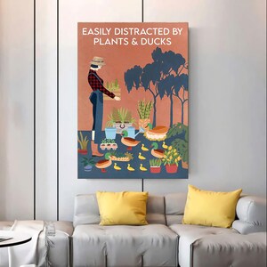 Gardening Easily Distracted By Plants And Ducks Poster, Gardening Vintage Poster, Girl Gardening Wall Art, Girl And Ducks Poster Nh75