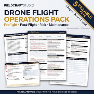 May include: A digital drone flight operations pack by Fieldcraftstudio featuring nine fillable PDF pages. The documents include a preflight checklist, maintenance and inspection log, and emergency procedures, all designed for drone pilots and Part 107 operations.