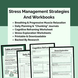 以下が含まれることがあります： ストレス管理ワークブックとジャーナルのコレクション。画像は、タイトル「Stress Management Strategies And Workbooks」の濃い緑色の背景を特徴としています。ワークブックには、呼吸法、毎日の計画、認知再構成などのトピックが含まれています。「Wired For Wonder」というテキストも表示されています。