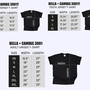 May include: Image displays size charts for Bella + Canvas t-shirts. Charts include measurements for toddler, youth, and adult unisex sizes. Measurements are in inches for width and length of the shirts. Black t-shirts are shown.