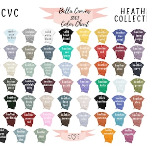 May include: A color chart for Bella Canvas 3001 t-shirts. The chart displays a variety of heathered colors, including shades of blue, green, pink, and orange. The text "HEATHER COLLECTION" is at the top, with color names below each shirt.