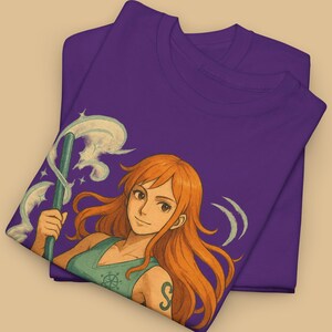 Anime Piraten Mädchen Shirt, Orange Haare Manga T-Shirt, Vintage Ozean Ästhetik T-Shirt, Cooles Sommer Anime Grafik T-Shirt