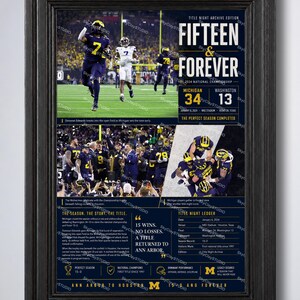 Michigan Wolverines Football 2024 National Championship Poster, 15-0 Season Title Night Wall Art, Ann Arbor Sports Decor