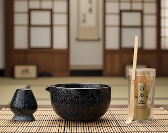 Handgjort Keramiskt Matcha Skålset: Bambu Visp & Chasen Hållare – Blå Svart Kiln-Change Snöfall Glasyr Chawan Japanskt Teset (Texturerad Finish)