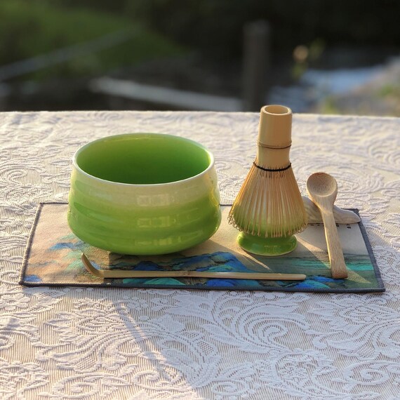 Japanese Matcha Bowl Set - 2 Pieces, Ceremonial Glazed Chawan Bowl With Whisk Holder, Jade Green