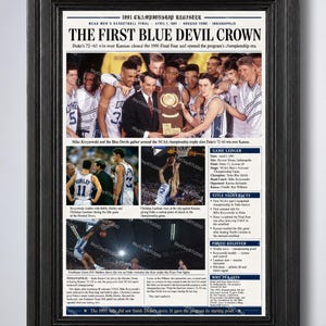 Affiche du championnat NCAA 1991 : Duke Blue Devils contre Kansas Jayhawks, premier titre national de l’entraîneur K. Laettner Hurley (affiche murale de basket-ball universitaire)