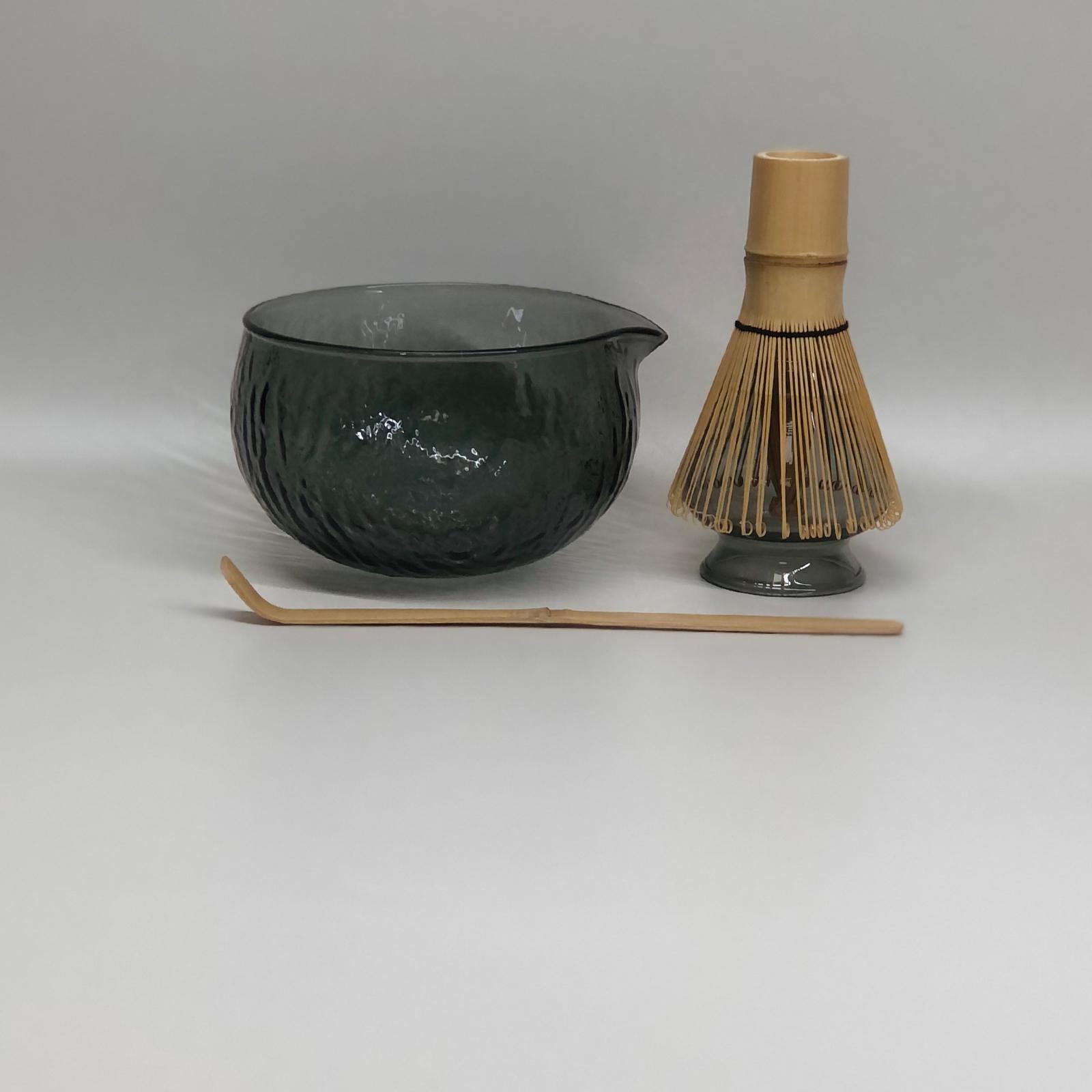 Handmade Ceramic Matcha Bowl Set: Gray Hammered Glaze, Bamboo