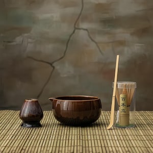 Handgjort Keramiskt Matcha Skålset: Bambu Visp & Chasen Hållare – Kaffe Brun Rundad Chawan Japansk Teservis