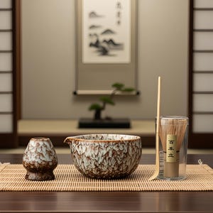 May include: A Japanese tea ceremony set featuring a ceramic bowl, a whisk, a scoop, and a small ceramic tea bowl. The bowl has a textured brown and white design. The whisk is in a clear container.