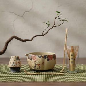 May include: A Japanese tea ceremony set featuring a beige ceramic bowl with a cat and floral design, a small matching container, a bamboo whisk, and a scoop. The set includes a bamboo whisk in a clear container.