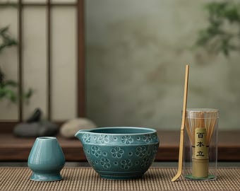 Set di ciotole da matcha in ceramica fatte a mano: frusta in bambù e porta chasen – Set da tè giapponese Chawan blu ghiaccio con decorazioni in rilievo di fiori di ciliegio