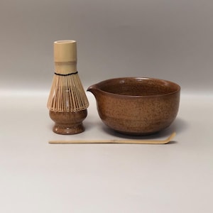 Rustic Ceramic Matcha Tea Set Bowl with Spout,Bamboo Whisk Holder Japanese Ochre Tea Bowl,Rustic Pottery Matcha Set,Food-Safe Glazed Tea Kit