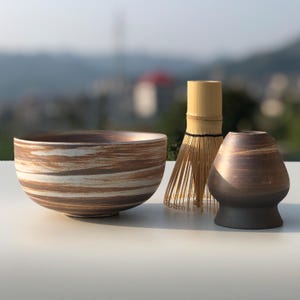 Handmade Ceramic Matcha Bowl Set: Bamboo Whisk & Chasen Holder | Half Moon Shadow White Matcha Chawan Set | 4-Piece Food Safe Pottery
