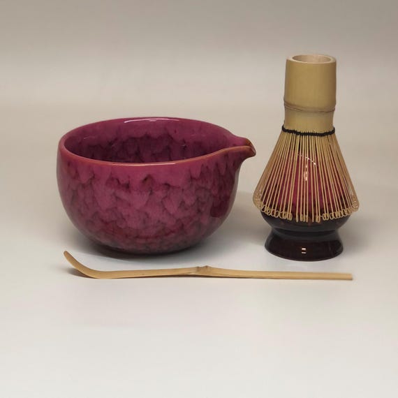 Ceramic Matcha Bowl Set: Bamboo Whisk & Chasen Holder– Kiln-Change Rock Green Chawan, Japanese Pottery Tea Set, Food Safe Glaze