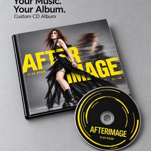 May include: A custom CD album titled After Image by Elva Roan, featuring a square case with a black and white photograph of a person in a black outfit and yellow text. A matching black circular CD disc with yellow circular graphics is included.