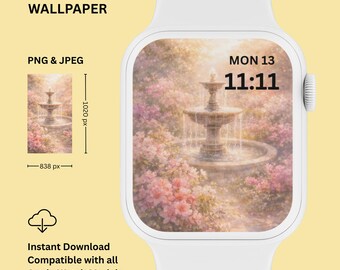 Romantic Garden Fountain Apple Watch Wallpaper | Soft Pink Floral | Instant Download