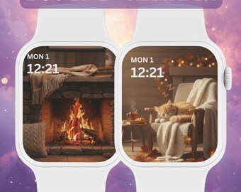 Cozy Cat & Fireplace Apple Watch Wallpaper (Digital Download)
