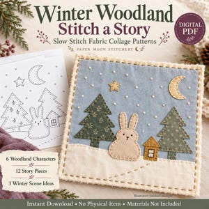 Winter Woodland Slow Stitch Patterns PDF- Fabric Collage Story Templates- Beginner Hand Sewing