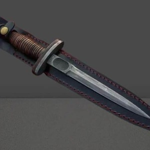 May include: A dagger with a double-edged blade, resting in a black leather sheath with red stitching. The handle is wrapped in a brown, textured material, and the guard is a dark metal.