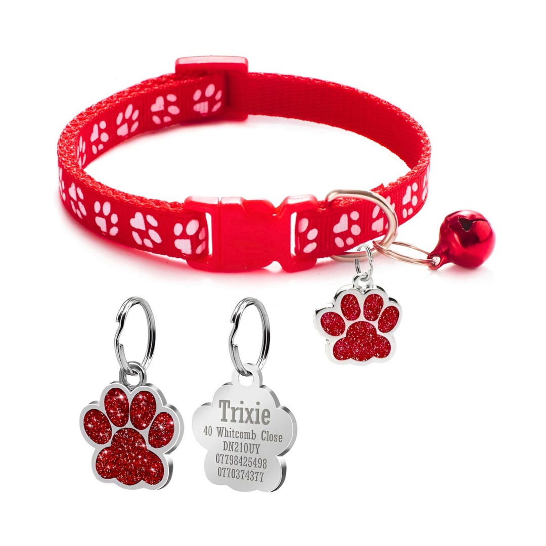 Custom Cat Collar With Name Tag – Adjustable Paw Print & Bell – Pet ID ...