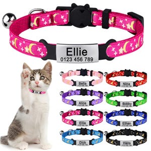 Collier de chat personnalisé gravé avec étiquette d'identification - Sécurité échappée, design lune et étoiles