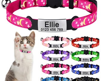 Custom Engraved Cat Collar with ID Tag – Breakaway Safety, Moon & Stars Design