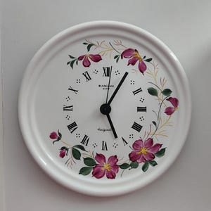 MINT Vintage Junghans Ceramic Wall Clock | Rare Hand-Painted Floral West German Pottery | 1970s Mid-Century Retro Kitchen Decor | Working |