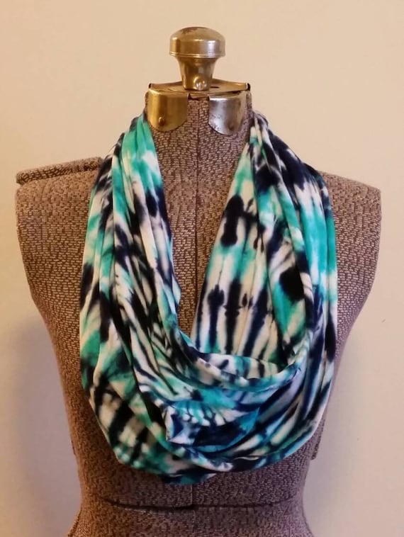 Tie Dye Infinity Scarf -- Navy and Parakeet Blue Swirl