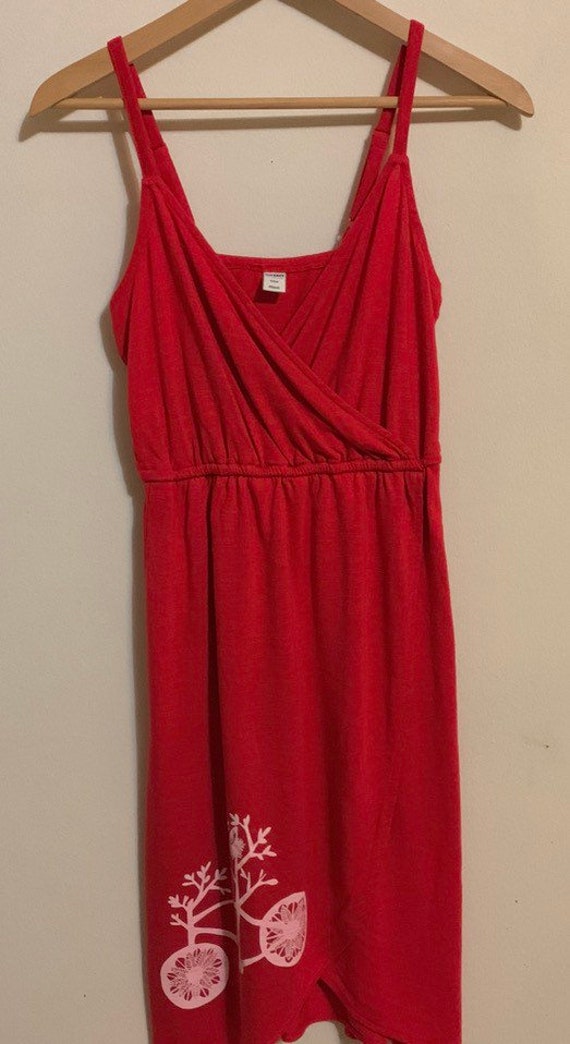 Upcycled Red Knee Length Dress with tulip hem -  Bicycle Print Size Small