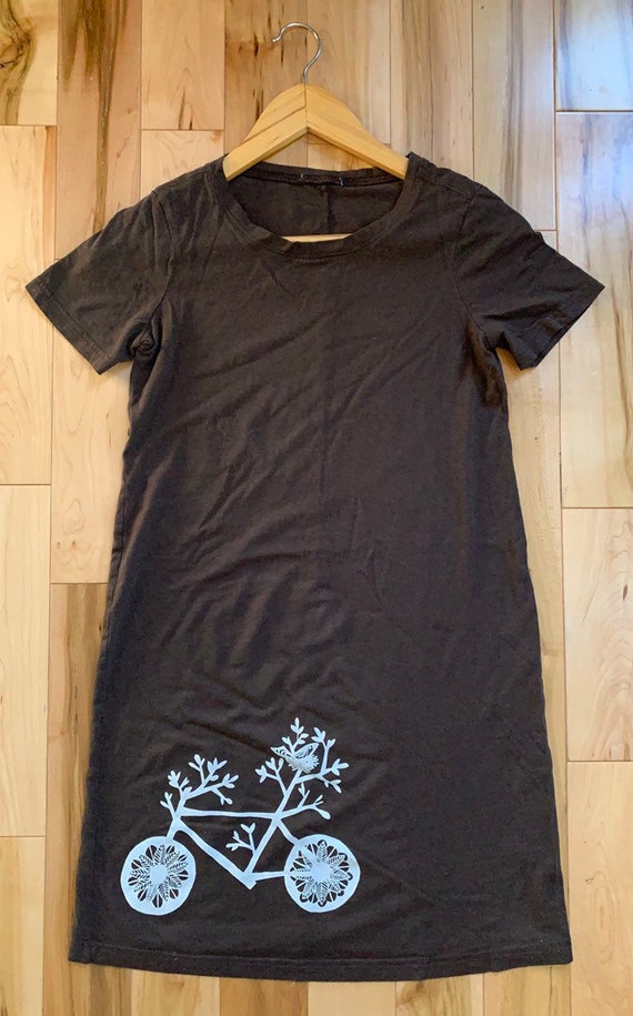Upcycled Brown T-Shirt Dress -  Bicycle Print Size S