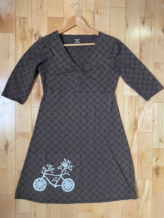 Upcycled Purple and Green Knee Length Dress - Toad & Co -  Bicycle Print Size M
