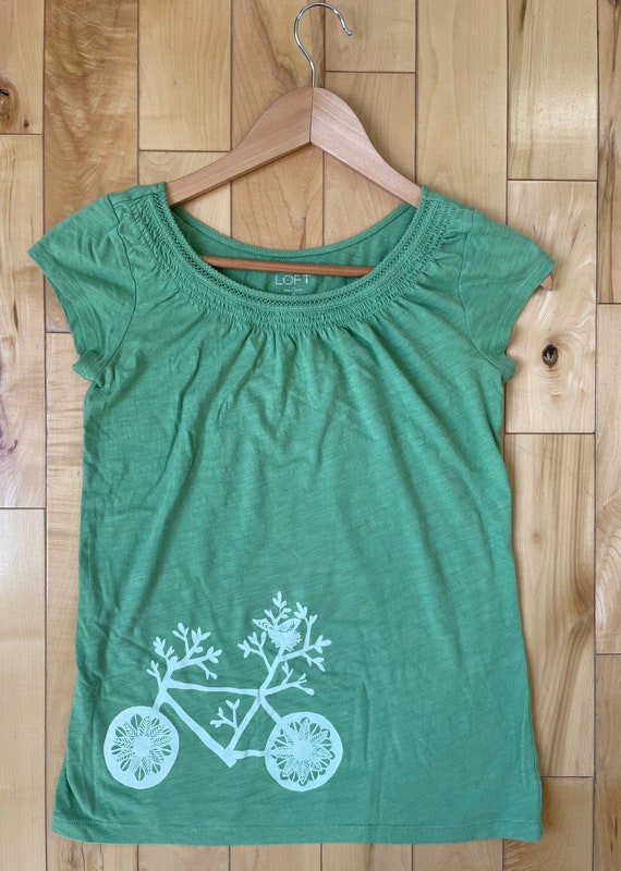 Upcycled Light Green Cotton Top - Bicycle Print Size XS