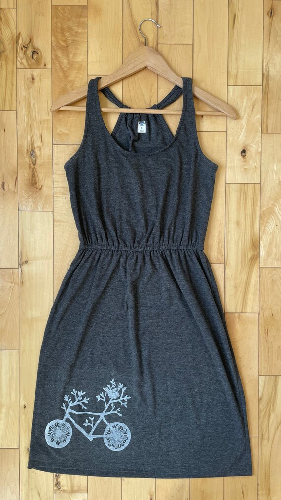 Upcycled Charcoal Grey Knee Length Dress -  Bicycle Print Size S