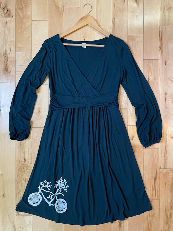 Upcycled Jewel Toned Blue Knee Length Dress with Bicycle Print Size S