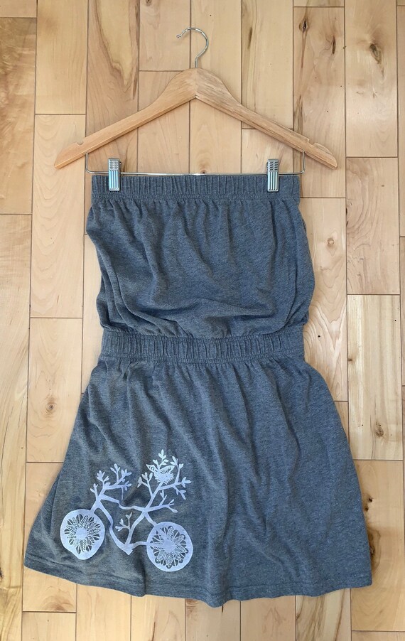 Upcycled Heather Gray Strapless Tunic Dress/Beach Coverup - Bicycle Print Size M