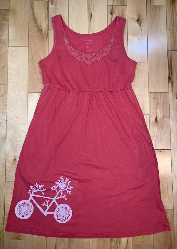 Upcycled Dusty Pink Knee Length Dress with POCKETS! -  Bicycle Print Size M